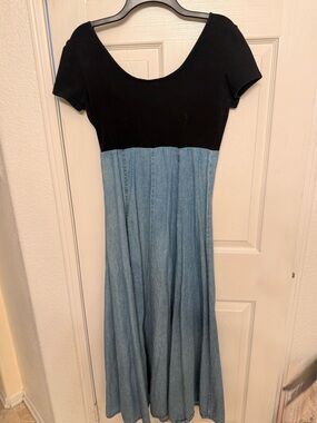 Vintage Black leotard top and Denim Blue Two-Tone Midi Dress